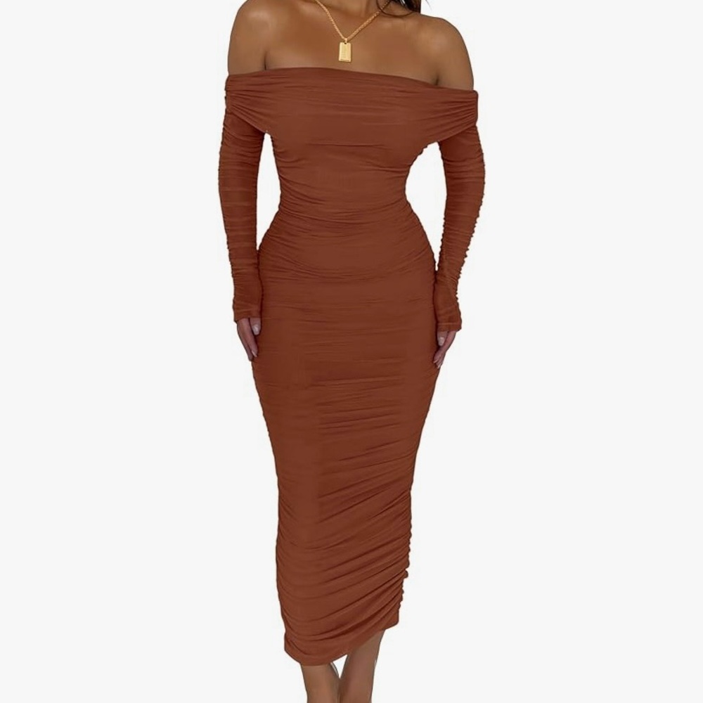 Burnt Orange Ruched Off-Shoulder Bodycon Dress